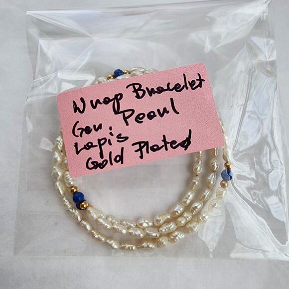 Wrap around bracelet genuine rice pearls white Lapis Lazuli gold beaded boho - Picture 3 of 4